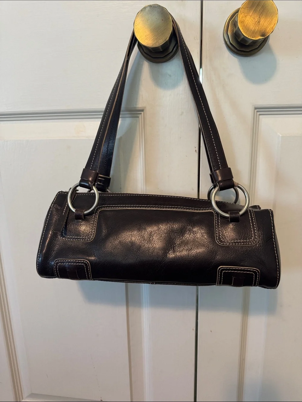 Kenneth Cole New York Brown Leather Shoulder Bag with Silver Hardware